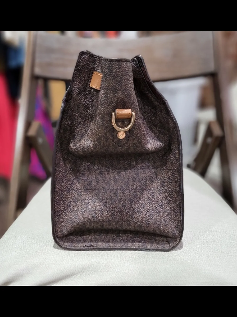 Michael Kors Hamilton Center Stripe MK Signature Logo Satchel Brown Tan Padlock